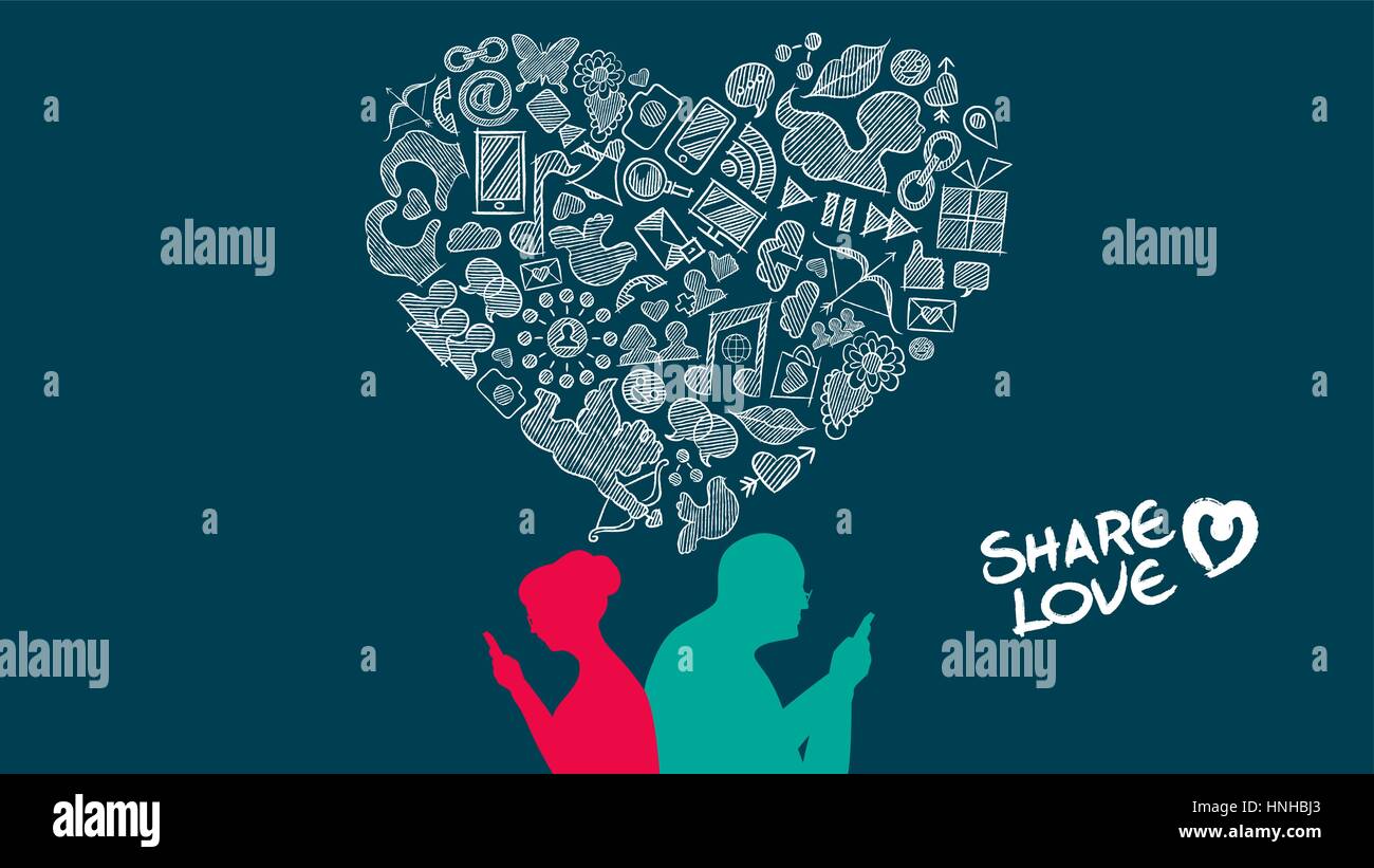 Elder social-Media Internet Liebe Konzept Abbildung. Älteres Paar auf Handy mit Hand gezeichneten Symbole in Herzform. EPS10 Vektor. Stock Vektor