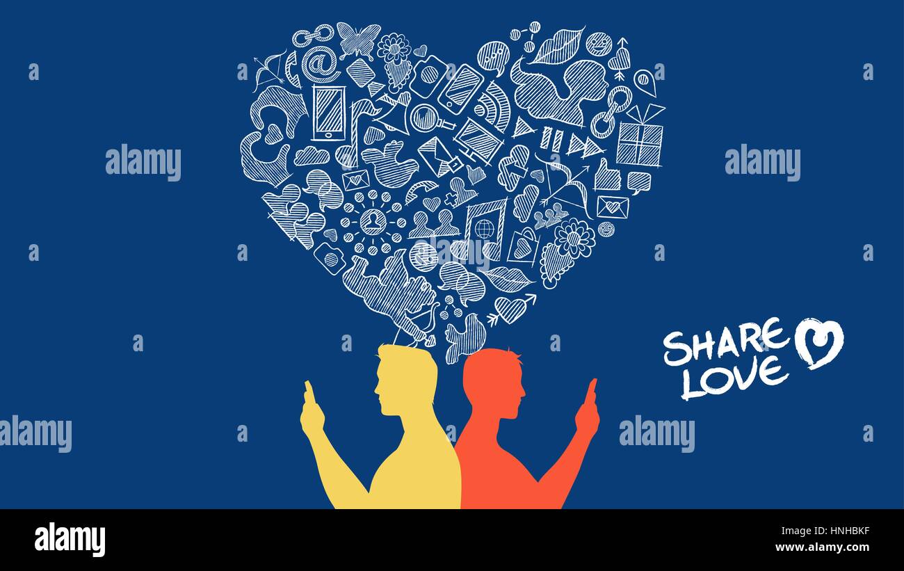 Soziale Medien lieben Konzept Abbildung. Gay paar am Telefon mit handgezeichnete Symbole in Herzform. EPS10 Vektor. Stock Vektor