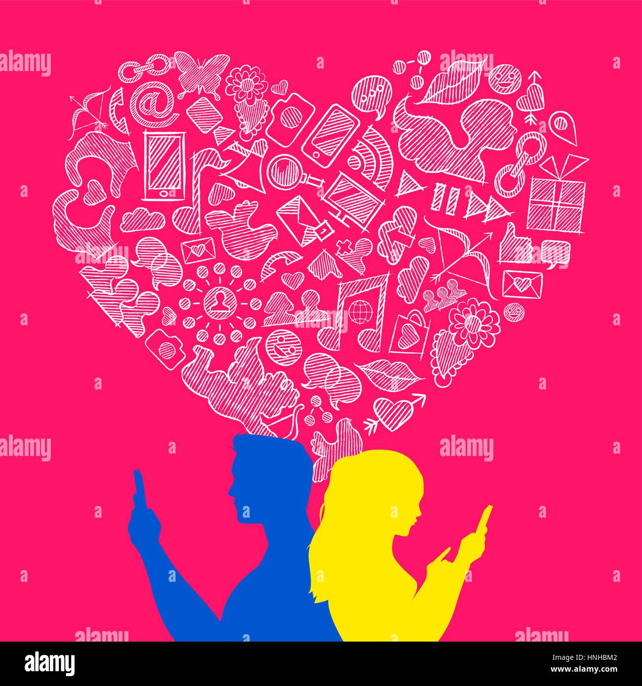 Internet mobile Verbindung Socialmedia heterosexuellen Liebe Konzept Abbildung. Junger Mann und Frau Paar auf smart Phone mit Hand gezeichneten Symbole in hea Stock Vektor