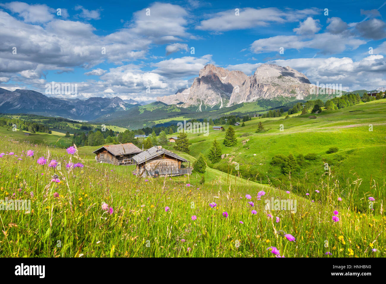 Schöne Aussicht auf die idyllische Bergkulisse der Alpen mit traditionellen alten Chalets und frischen grünen Wiesen an einem sonnigen Tag, Alpe di Siusi, Italien Stockfoto