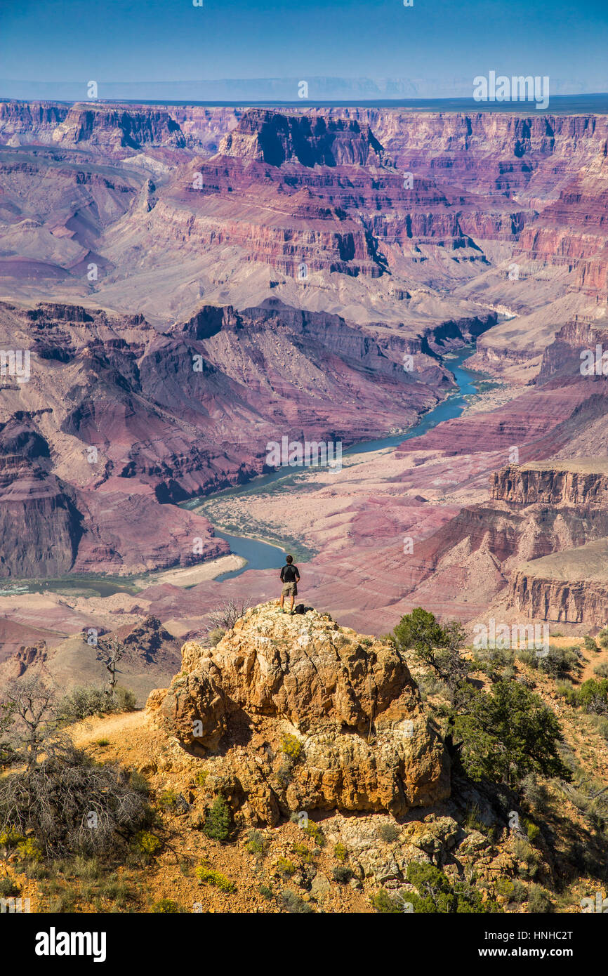 Ein männlicher Wanderer steht auf einer Klippe unter die herrliche Aussicht über den berühmten Grand Canyon National Park an einem schönen sonnigen Tag im Sommer, Arizona, USA Stockfoto