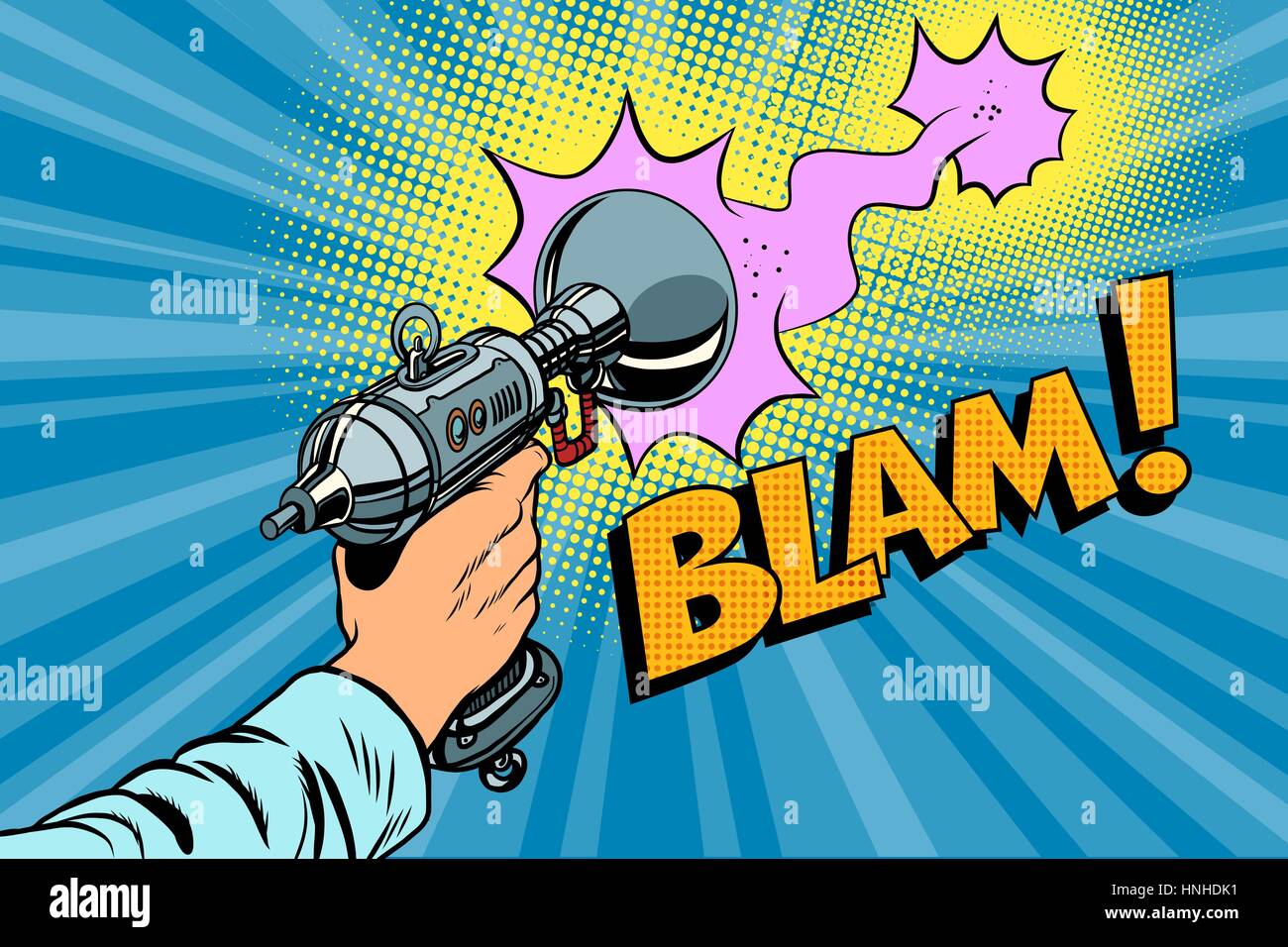 Blam Science-Fiction Schuss einer Blaster Comic-Wolke. Vintage Comic Pop Art Retro-farbigen illustration Stock Vektor Blam Science-Fiction Schuss einer Blaster Comic-Wolke. Vintage Comic Pop Art Retro-farbigen illustration Stock Vektor