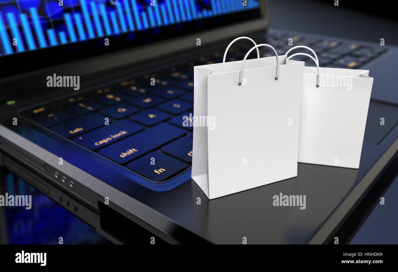 Miniatur des wiederverwendbare Einkaufstüten auf der Tastatur. 3D illustration Stockfoto