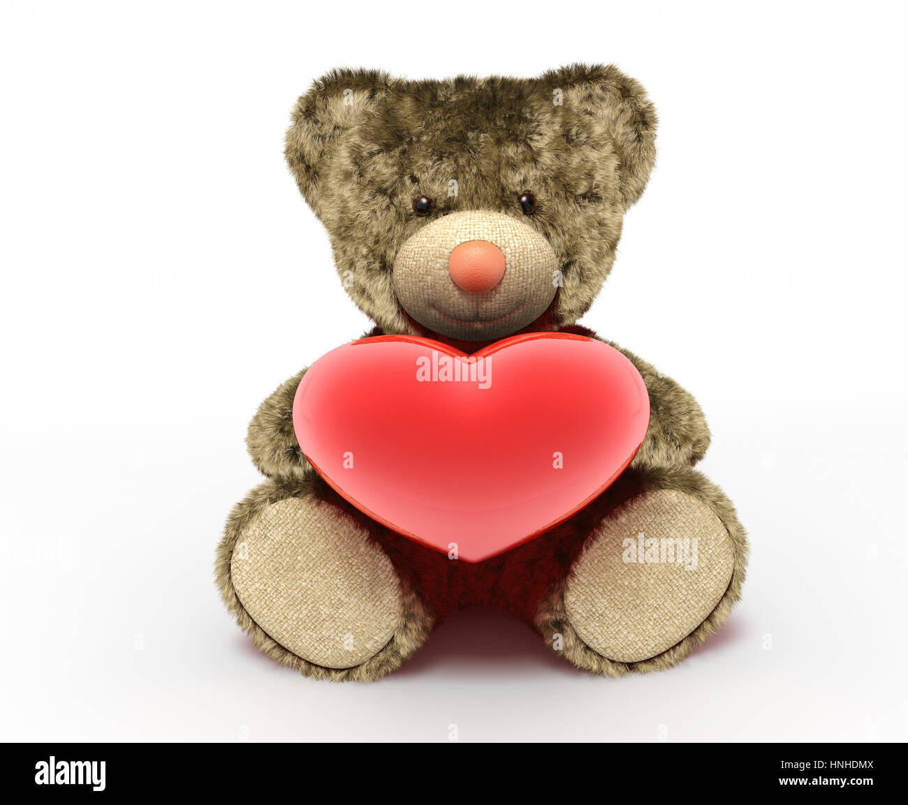Spielzeug Teddybär mit roten Herzen, isoliert auf weiss. 3D illustration Stockfoto