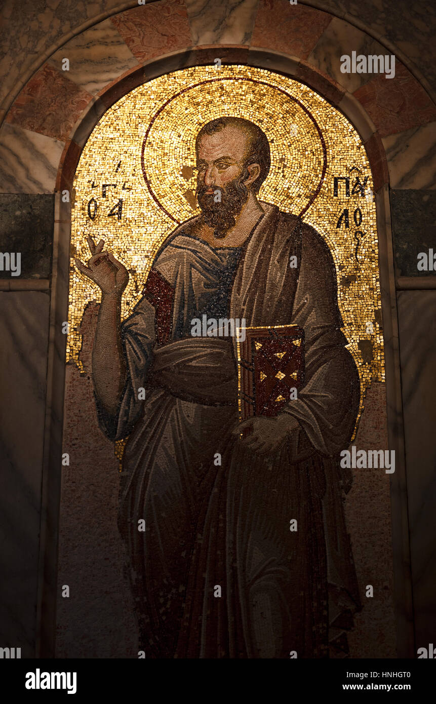 ISTANBUL, Türkei - 23. Dezember 2015: Paulus von Tarsus Mosaik in Chora-Kirche, Istanbul, Stockfoto