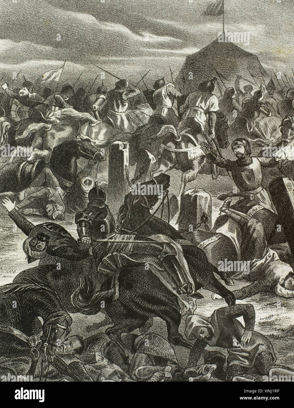 Spanien. Schlacht von Las Navas de Tolosa (1212), Alfonso VIII von Kastilien die Almohaden Armee des Kalifen al-Nasir Muhammad besiegt. Gravur. Stockfoto