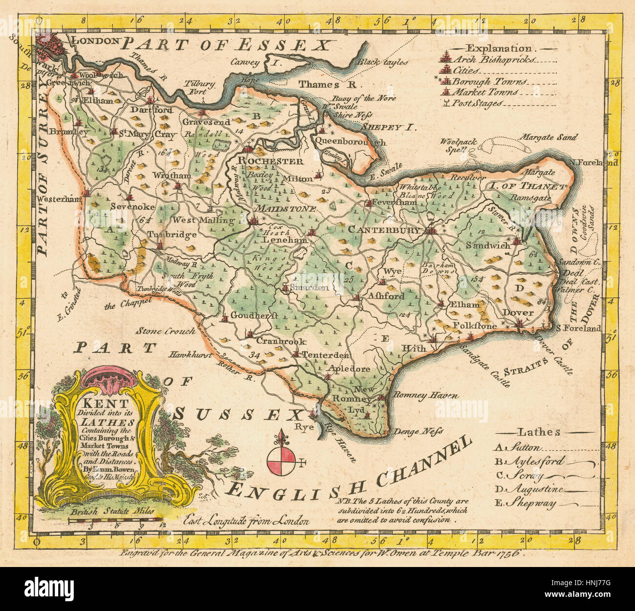 Karte von Kent 1756 Stockfotografie - Alamy