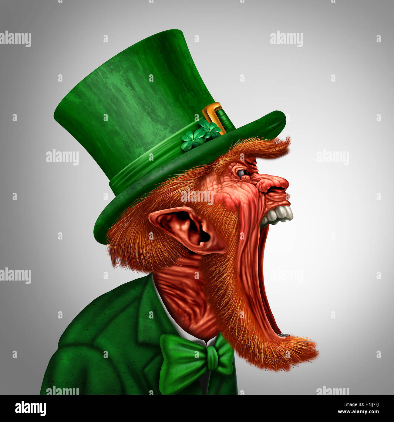 Kobold, schreien aus oder eine St. Patricks Day Nachricht als irische magischen Elfen-Zeichen in einen offenen Mund Seitenansicht zu kommunizieren. Stockfoto