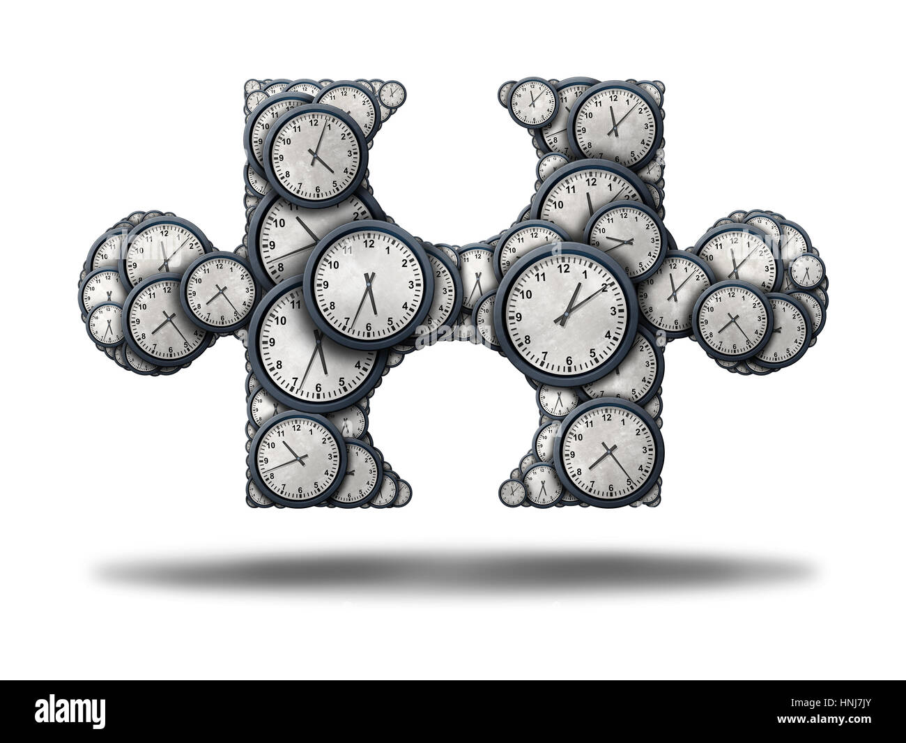 Puzzle Konzept als eine Gruppe von Uhr Objekten geformt wie ein Puzzlestück als 3D Darstellung auf einem weißen Hintergrund als ein Geschäft. Stockfoto