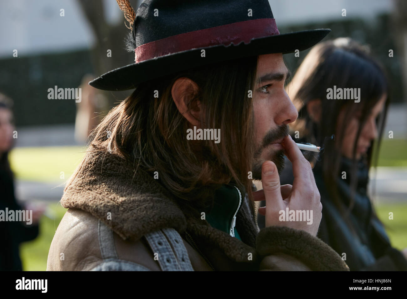 Giotto Calendoli nach Giorgio Armani-Modenschau, Milan Fashion Week Streetstyle am 17. Januar 2017 in Mailand. Stockfoto