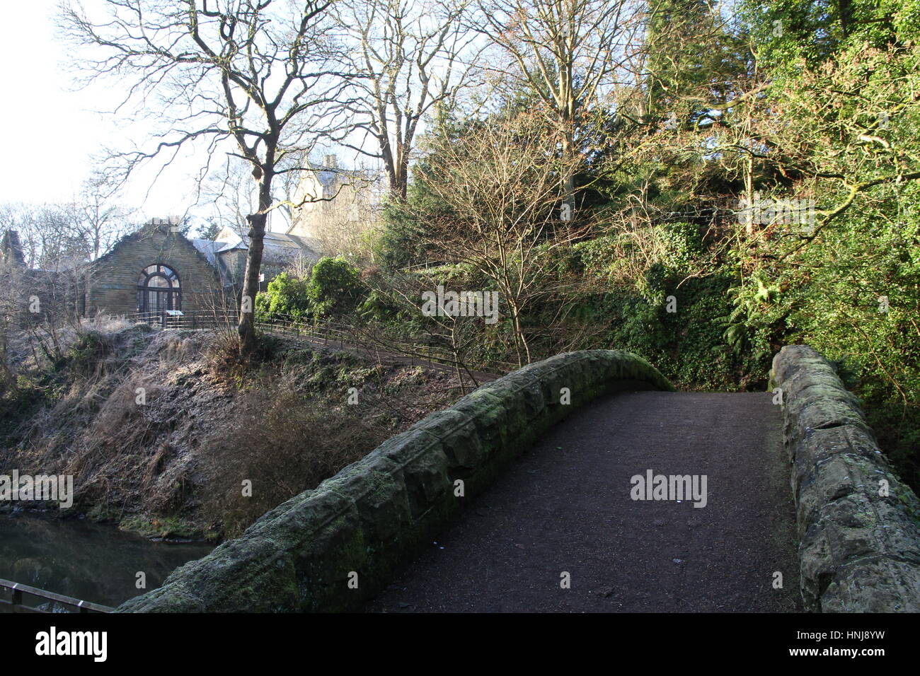 Jesmond Dene Brücke zu den Bankettsaal Stockfoto