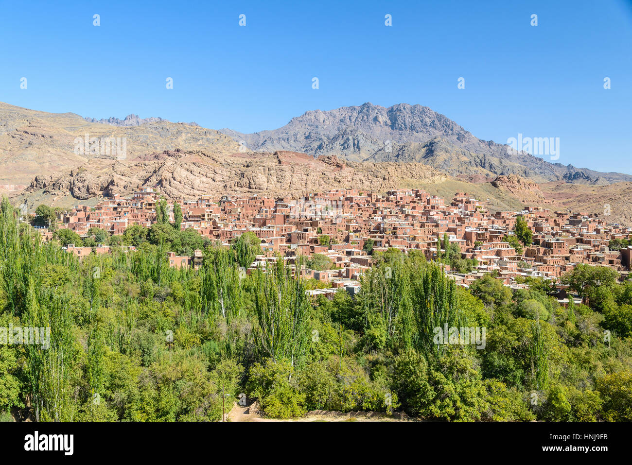 Panoramablick über Abyāneh Dorf, Iran Stockfoto