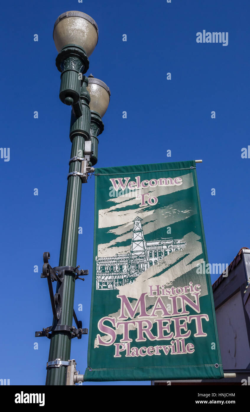 Banner der historischen Hauptstraße in Placerville, Kalifornien Stockfoto