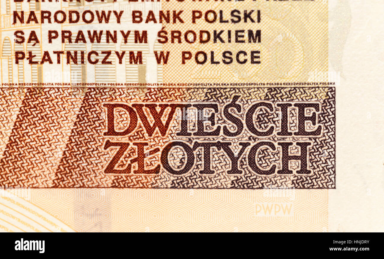 Polnische Banknoten fotografiert Nahaufnahme. Dargestellten Kosten Geld zwei hundert Zloty. Kleine Schärfentiefe Stockfoto