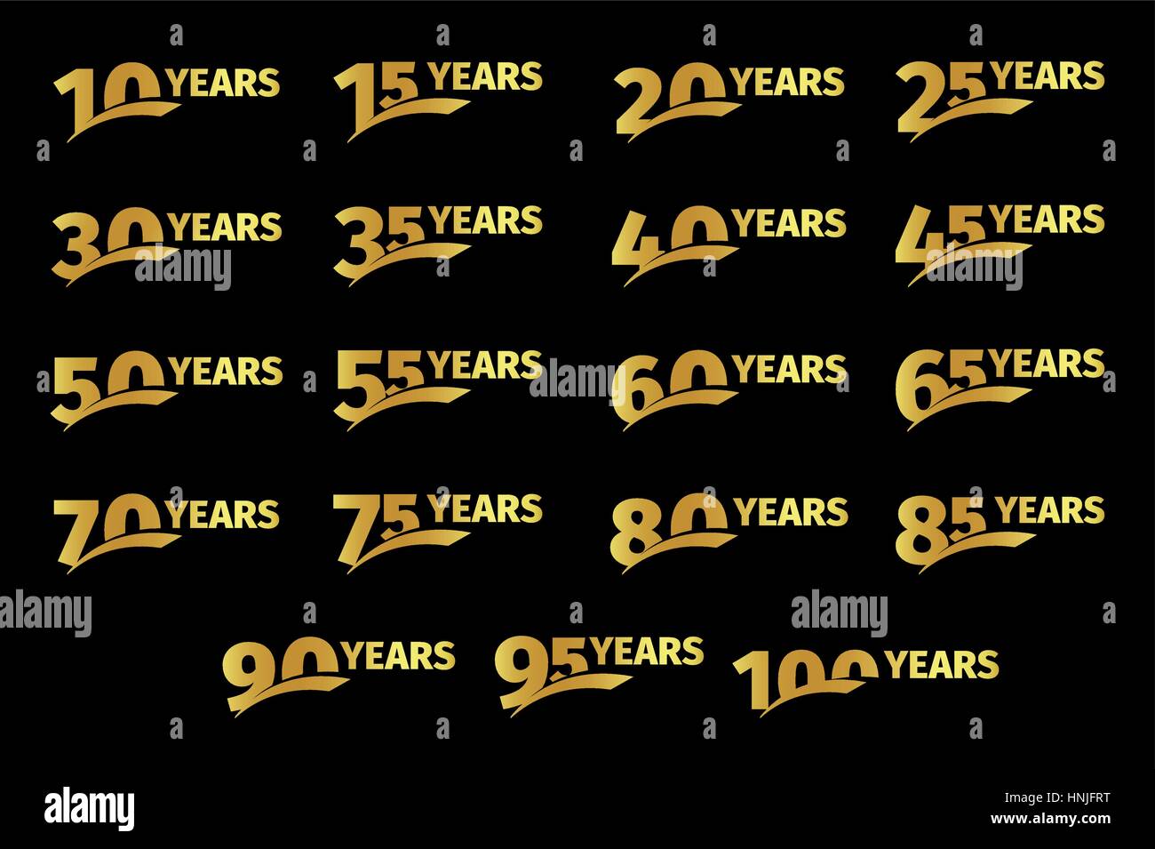 Isolierte goldener Farbe Zahlen mit Wort Jahre Symbolsammlung auf schwarzem Hintergrund, Geburtstag Geburtstag Grußkarte Elemente gesetzt Vektor illustratio Stock Vektor