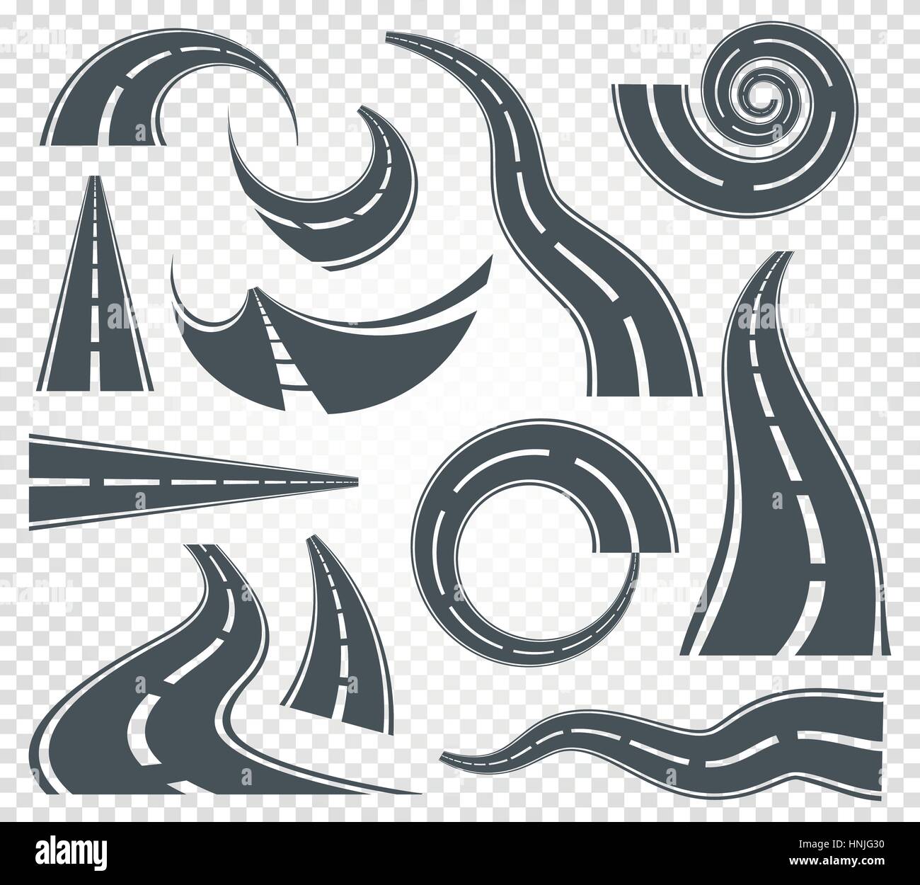 Isoliert grau Straße oder Autobahn mit Markierungen auf weißem Hintergrund-Vektor-Illustrationen Aufteilung festgelegt. Stock Vektor