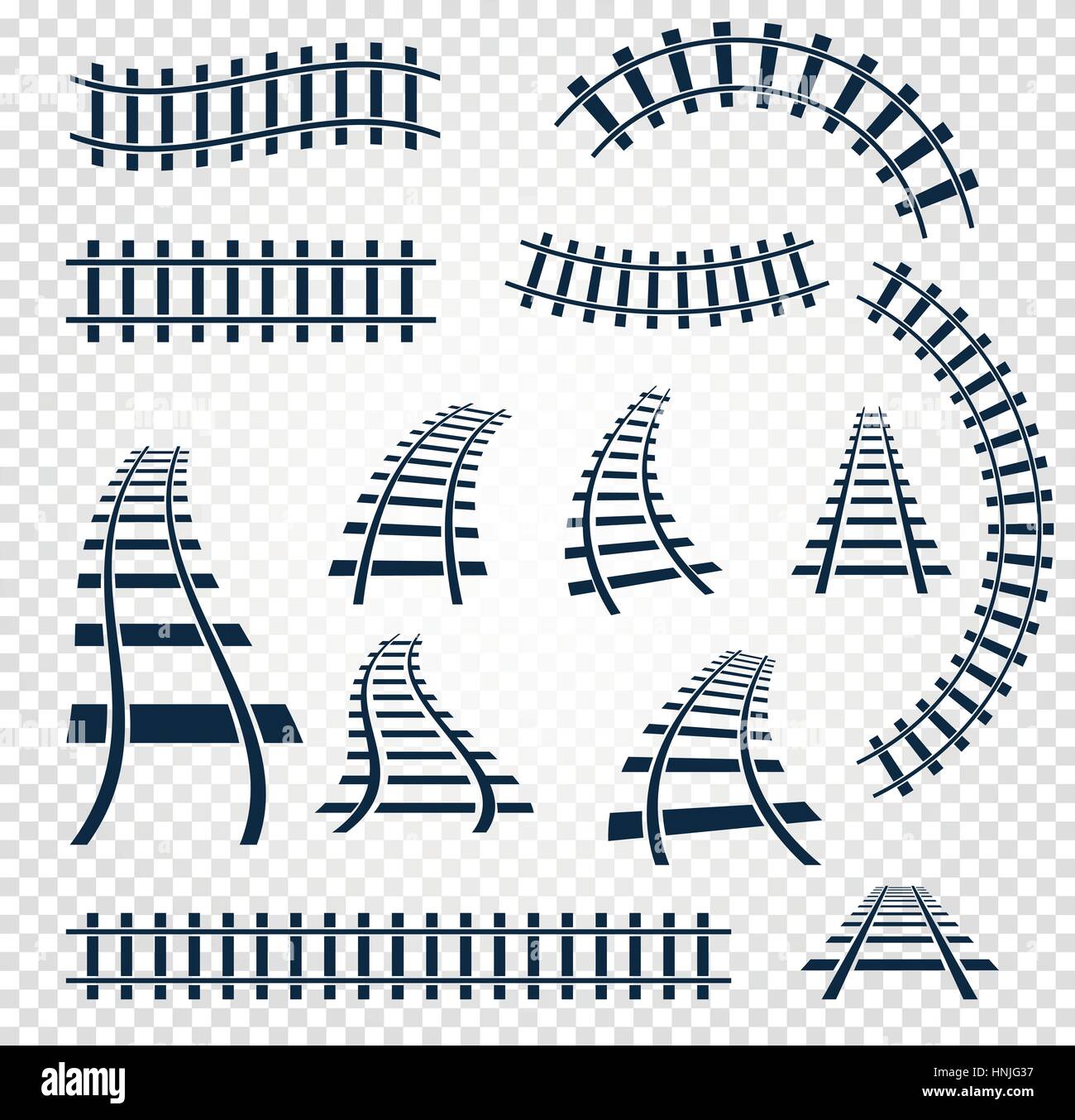 Kurvig und gerade Schienen Set, Bahn Draufsicht Sammlung isoliert Leiter Elemente Vektor-Illustrationen auf weißem Hintergrund. Stock Vektor