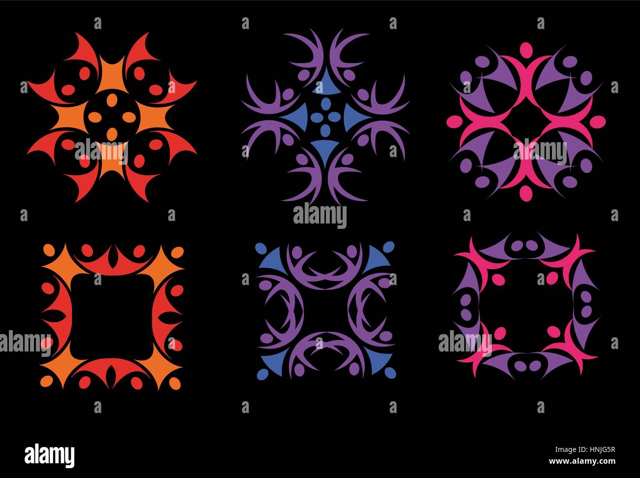Isolierte abstrakte bunte florale Dekorationselemente Logos setzen auf schwarzem Hintergrund-Vektor-Illustration. Stock Vektor