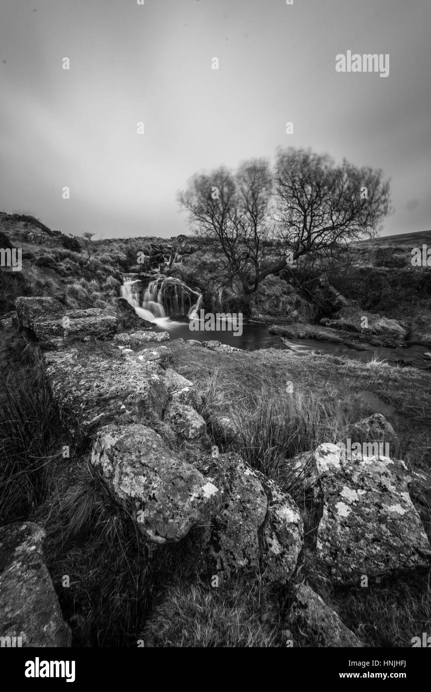 Schwarze Tor fällt auf Dartmoor, Fluß Meavy läuft in Richtung Plymouth über Burrator Reservoir. Stockfoto