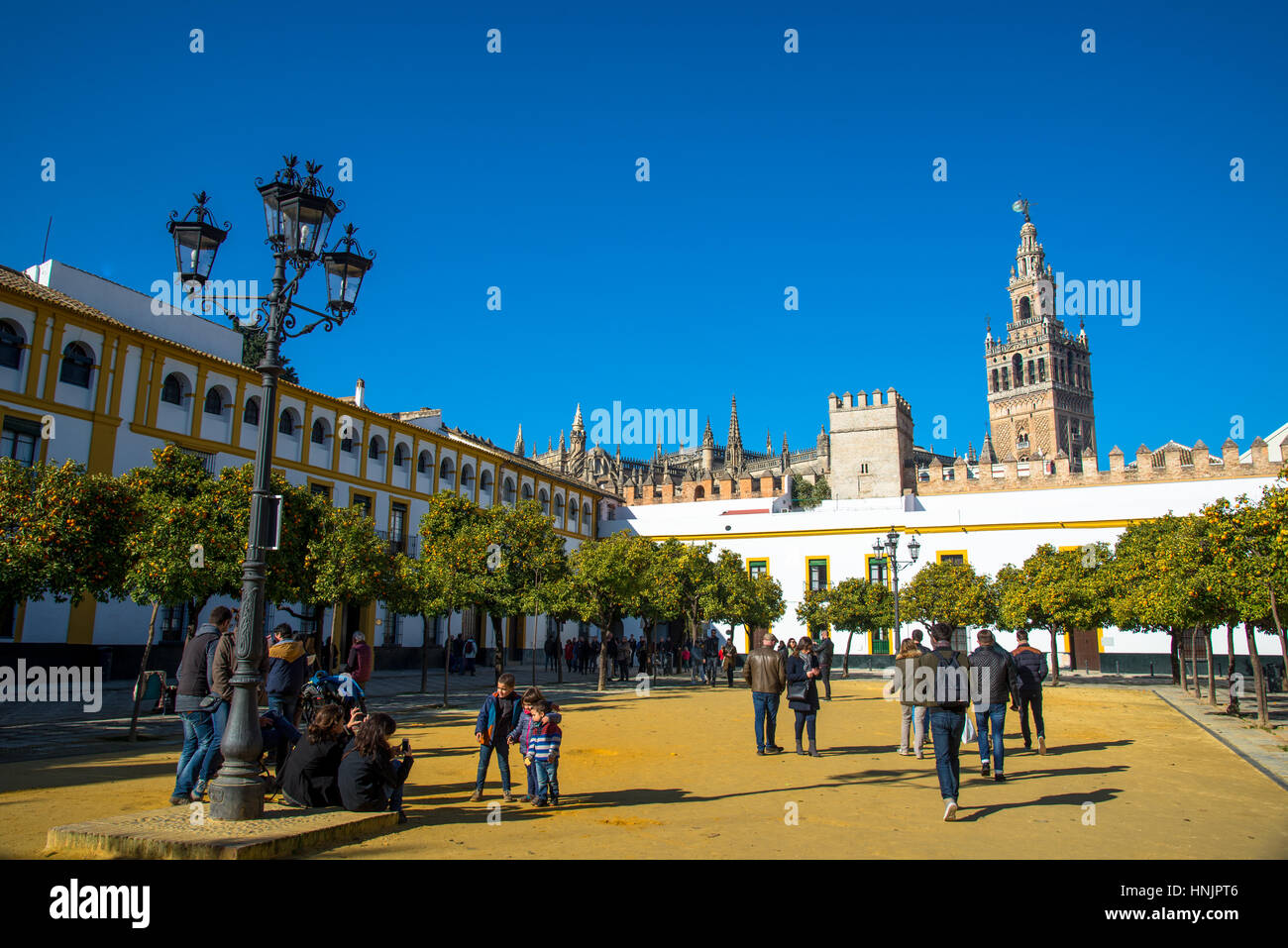 Orangenbaum-Hof in der Nähe von Giralda Kathedrale in Sevilla, Spanien Stockfoto