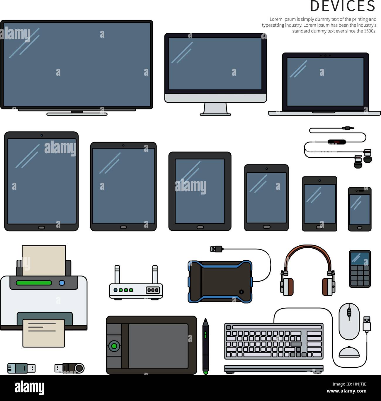 Moderne Geräte. Aktuelle Geräte, Ära der Technologie-Konzept. Computer, Laptop, Tablets, Handys, Drucker, Tastatur, Kopfhörer isoliert auf weißem bac Stock Vektor