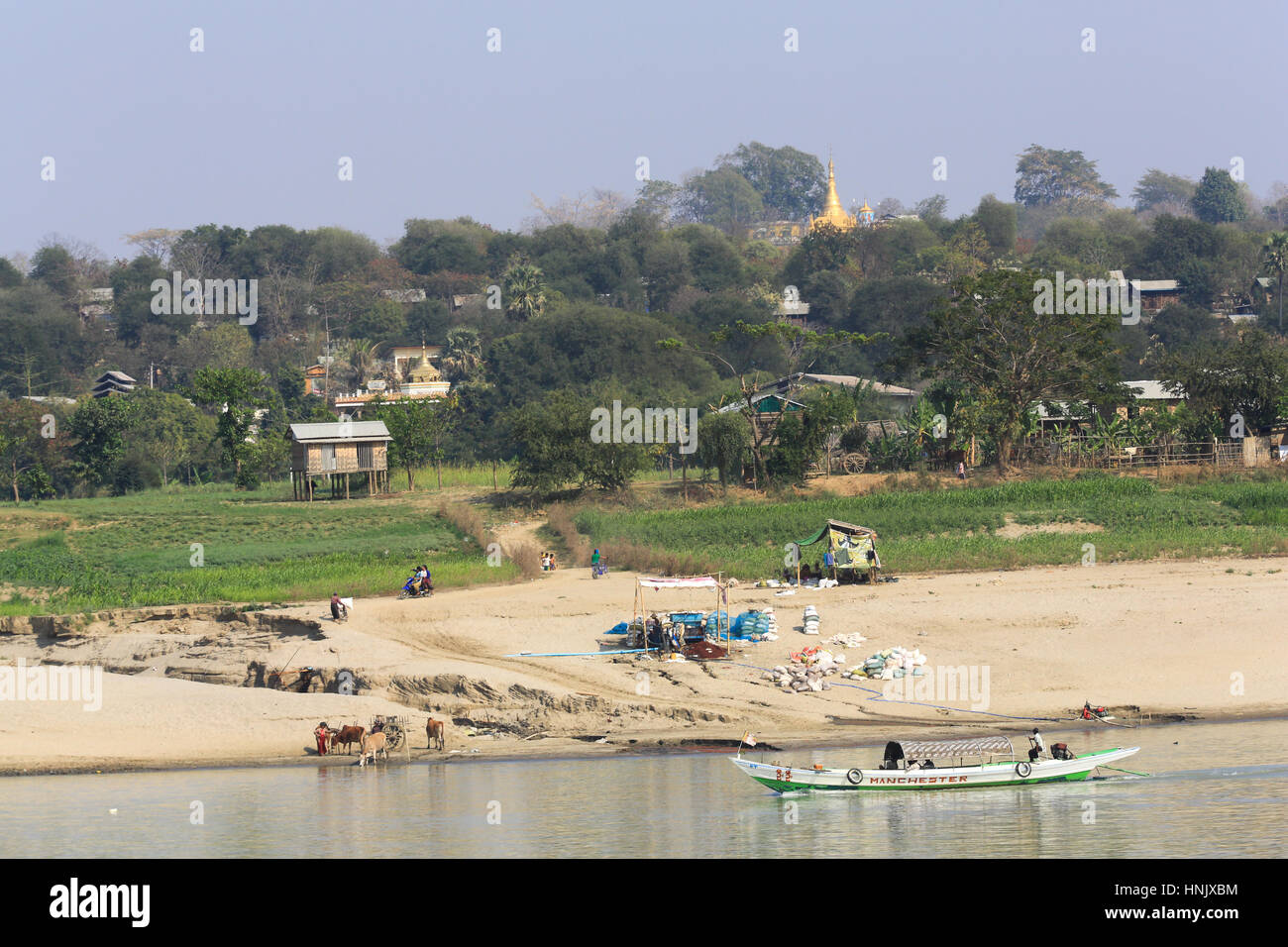 Cargo von Fahrrad- und Ochsenkarren zogen in ein Dorf auf dem Irrawaddy Fluss in Myanmar (Burma). Stockfoto