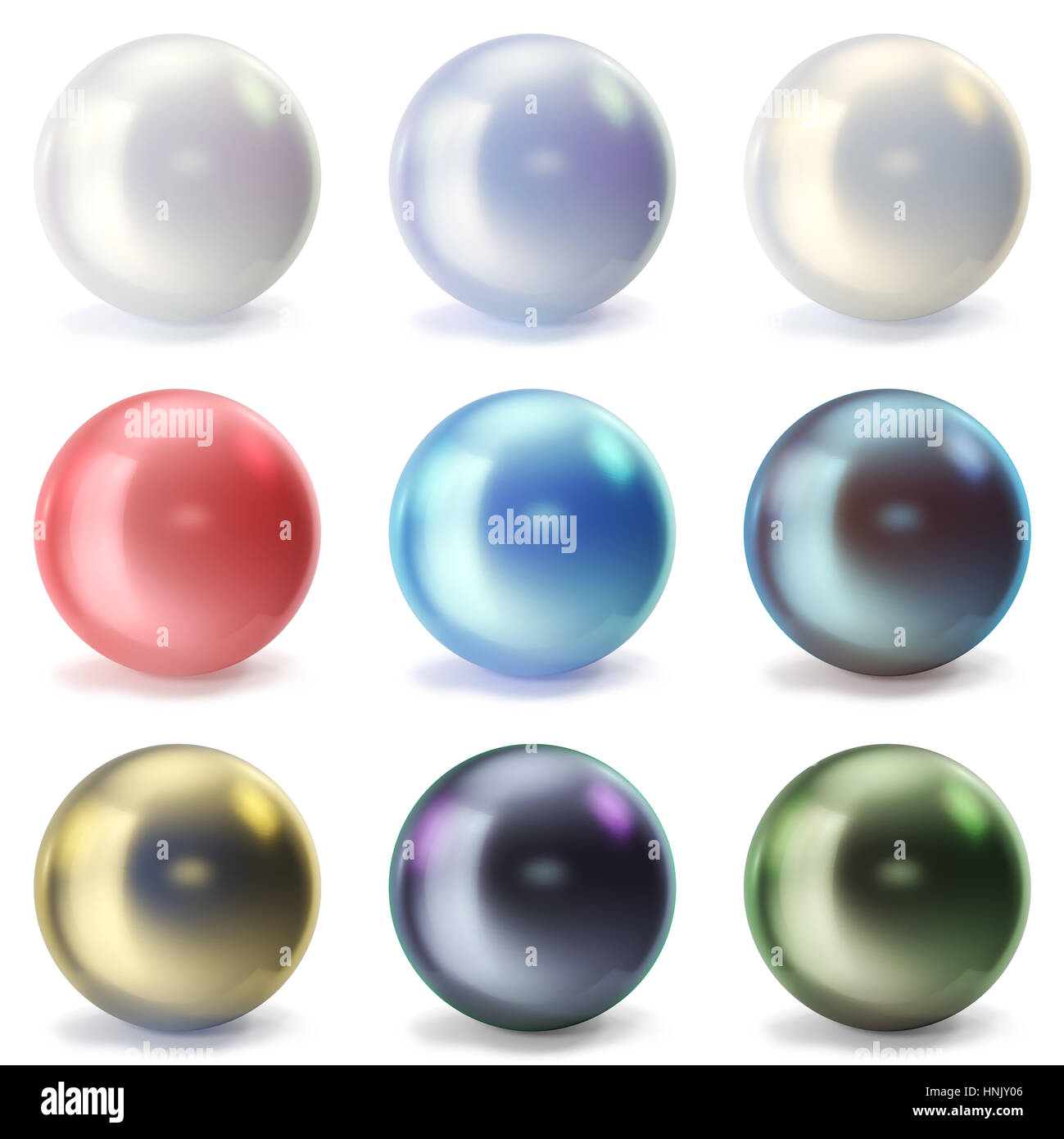 Set Perlen isoliert auf weißem Migrationshintergrund. Auster Perlen Kugel für Luxus-Accessoires. Sphäre glänzenden Meer Perlen, 3D-Rendering Stockfoto