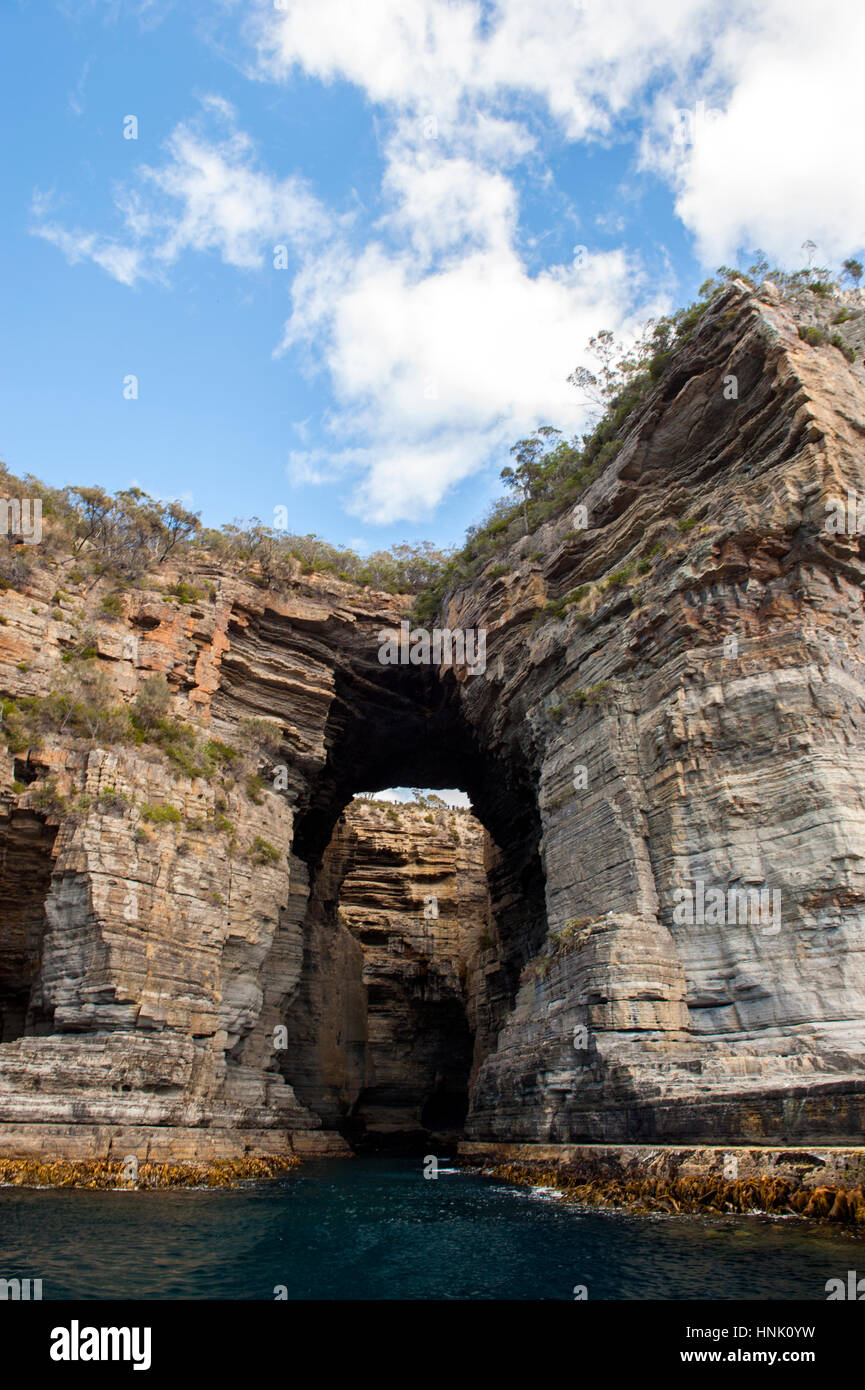 Höhlen entlang der Küste der Tasman Halbinsel in Tasmanien. Stockfoto
