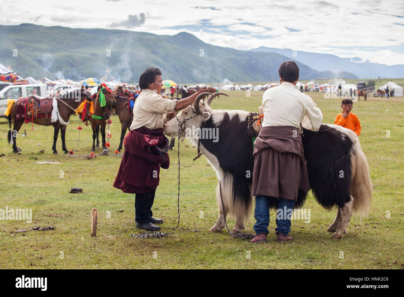 Lokalen Khampas Ethnien zu beteiligen, bei dem Manigango Pferdefest in der tibetischen Hochebene in Sichuan, China Stockfoto