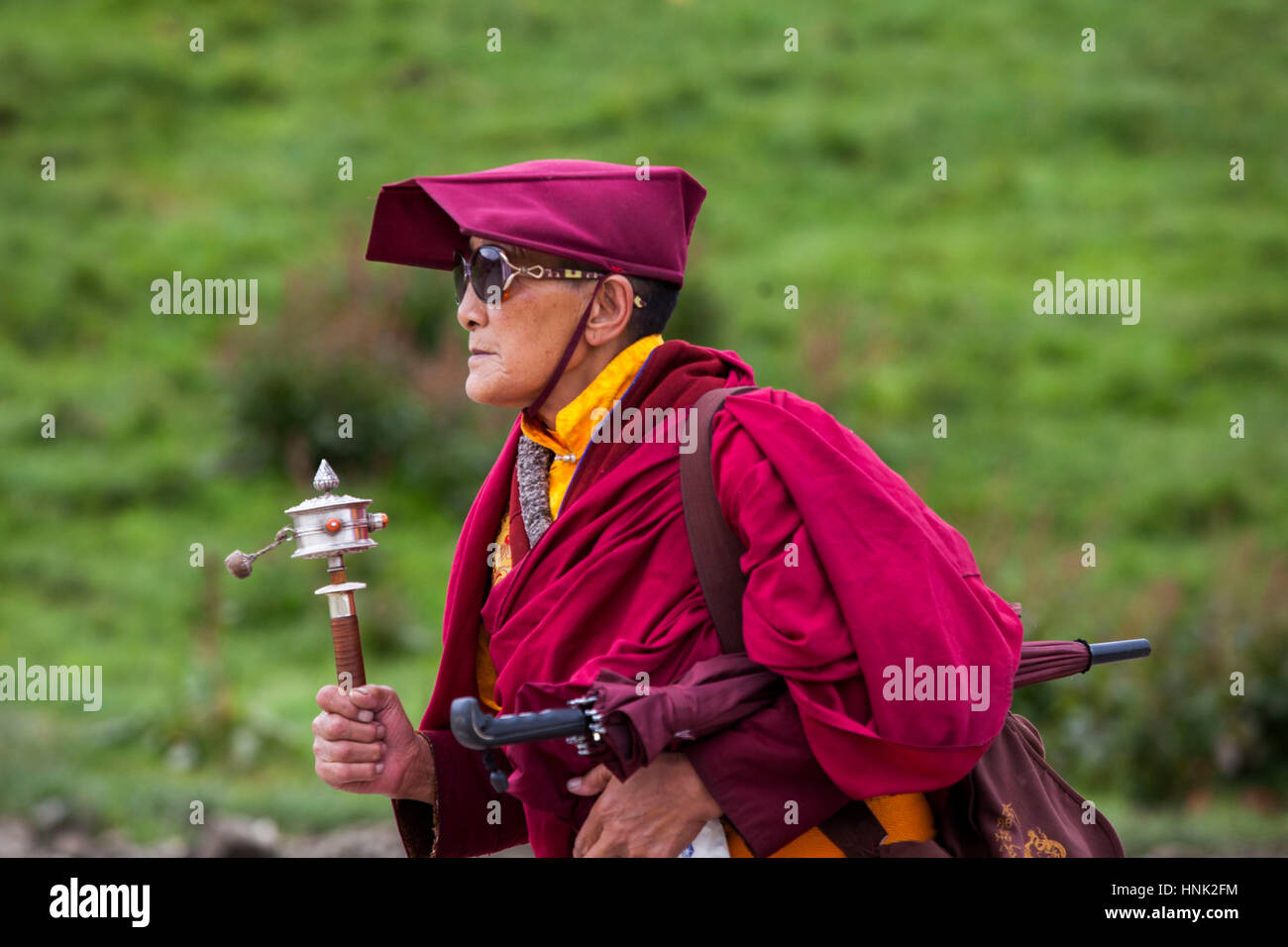 Nonnen und Mönche teilnehmen am Gebet Rituale auf tibetisch-buddhistischen Tagong Kloster. Stockfoto