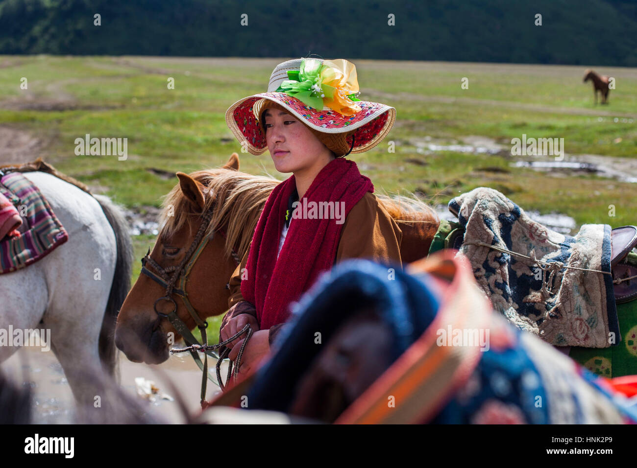 Porträt einer lokalen Khampa-Frau mit ihren Pferden Stockfoto