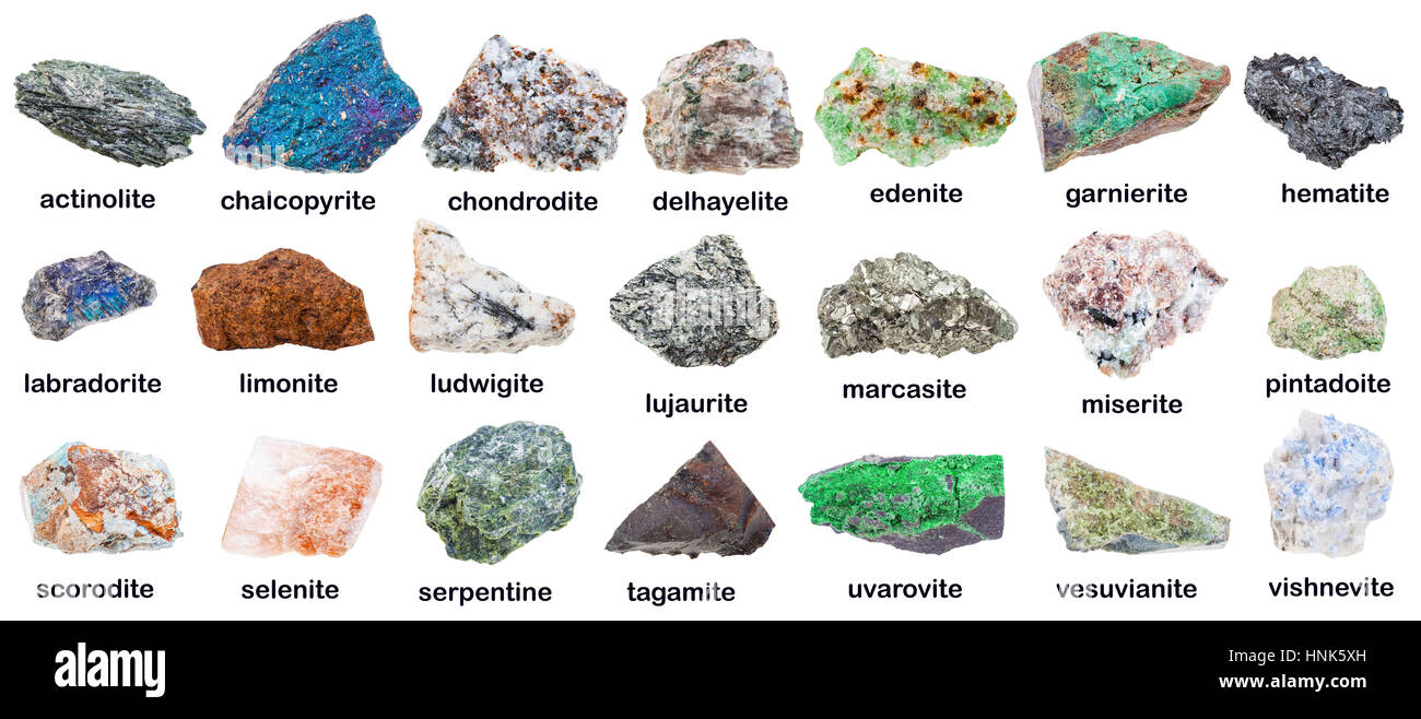 geologische Sammlung von verschiedenen Mineralien mit Namen - Edenite, Vesuvian, Idocrase, Vesuvian, Uvarovite, Hämatit, Wischnevite, Vishnevite, ein Stockfoto