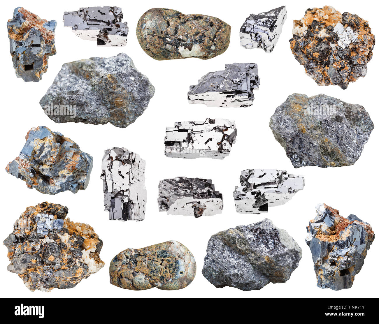 Sammlung von verschiedenen Bleiglanz (Galenit, Blei Blick) Mineralien isoliert auf weißem Hintergrund Stockfoto