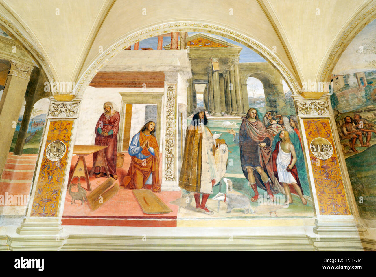 Renaissance-Fresken, St. Benedikt Leben, Gemälde von Il Sodoma, Chiostro Grande (große Kreuzgang), Abtei von Monte Oliveto Maggiore, Toskana, Italien Stockfoto