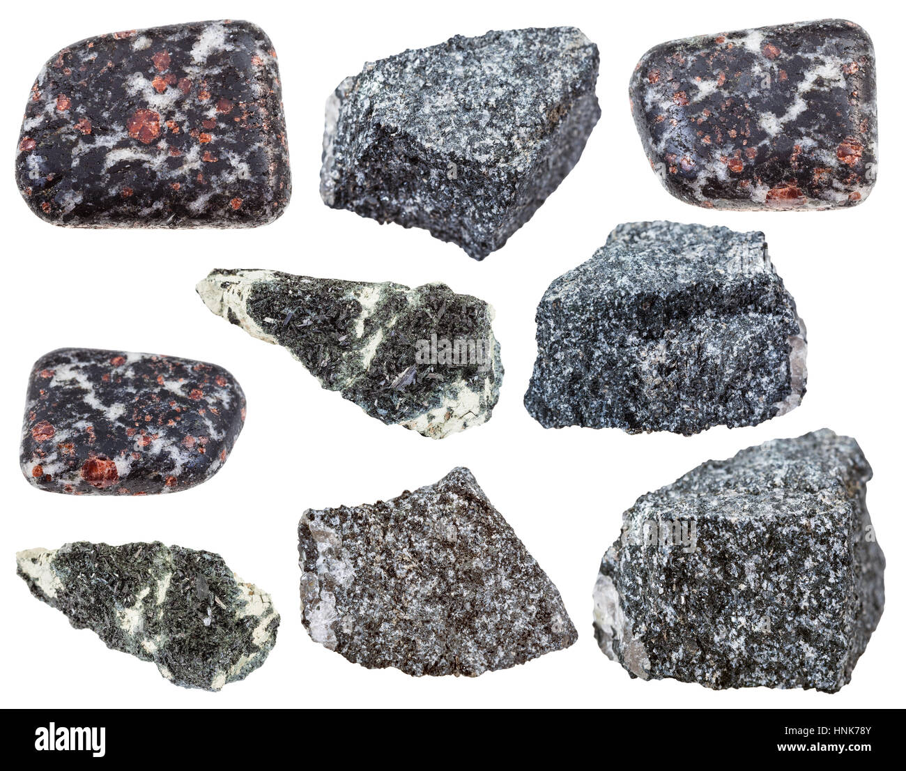 Sammlung von verschiedenen Hornblenden in Amphibol mineralischen Steinen isoliert auf weißem Hintergrund Stockfoto
