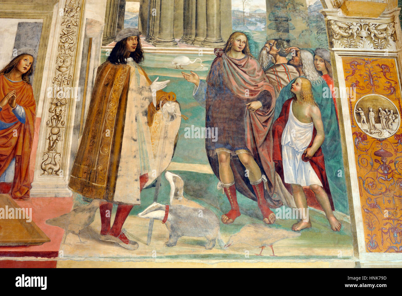 Renaissance-Fresken, St. Benedict Leben, Gemälde von Il Sodoma, Chiostro Grande (großes Kloster), Abtei von Monte Oliveto Maggiore, Toskana, Italien Stockfoto