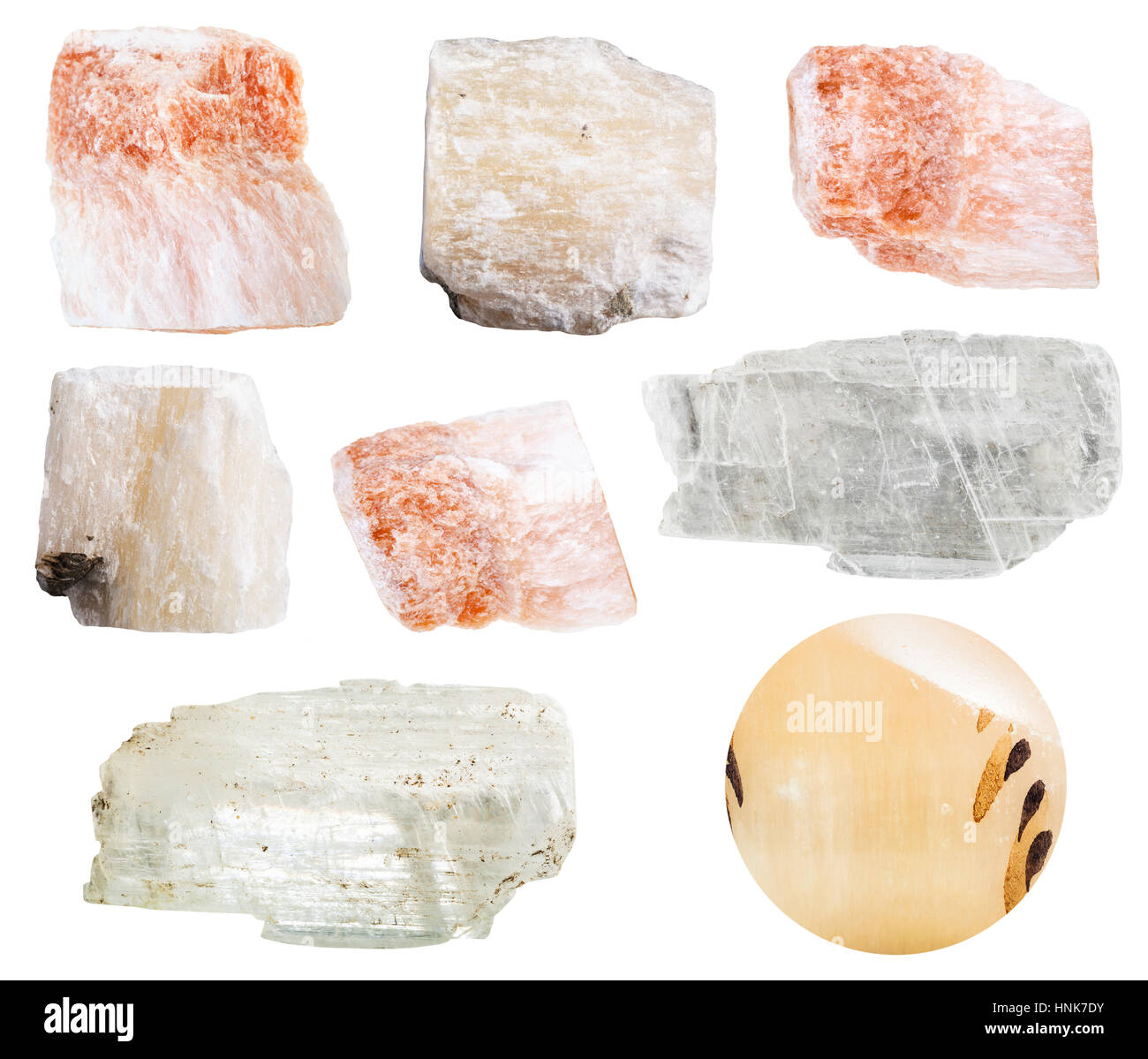 Sammlung von verschiedenen Gips mineralischen Steinen isoliert auf weißem Hintergrund Stockfoto
