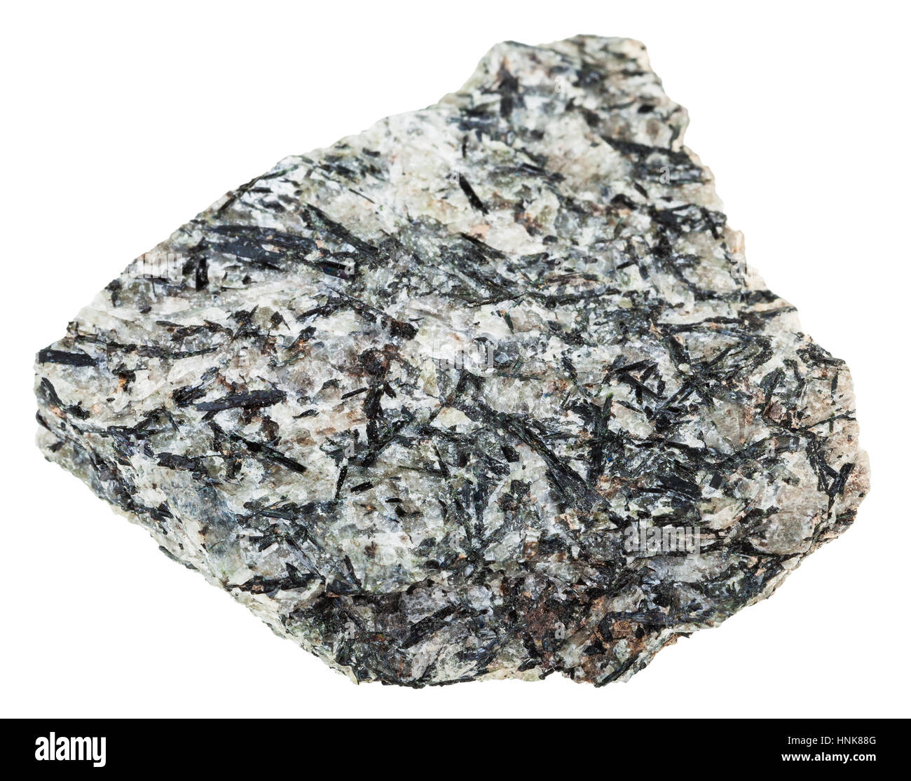 Makro-Aufnahmen der geologischen Sammlung Mineral - Exemplar von Lujaurite (Lujavrite, Nepheline Syenit) Stein isoliert auf weißem Hintergrund Stockfoto