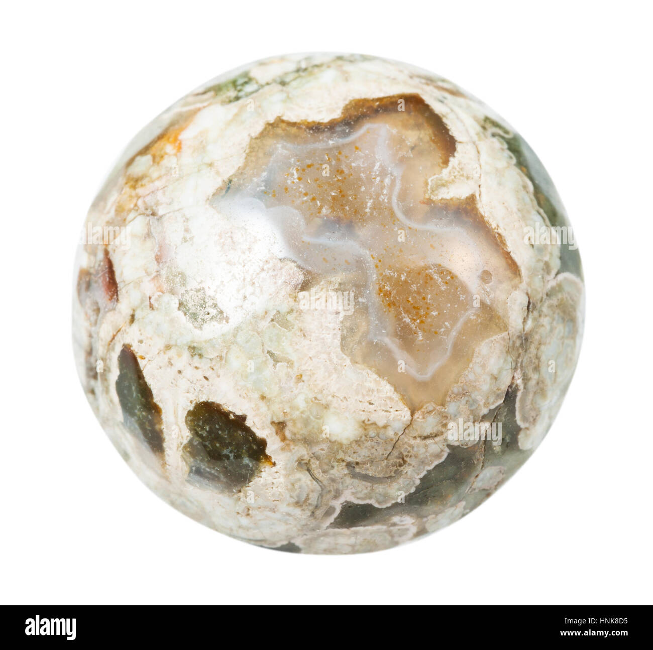 Makro-Aufnahmen der geologischen Sammlung Mineral - Trommelsteine Madagaskar Rhyolith (Ocean Jaspis, Orbicular Jaspis) Stein isoliert auf weißem Hintergrund Stockfoto