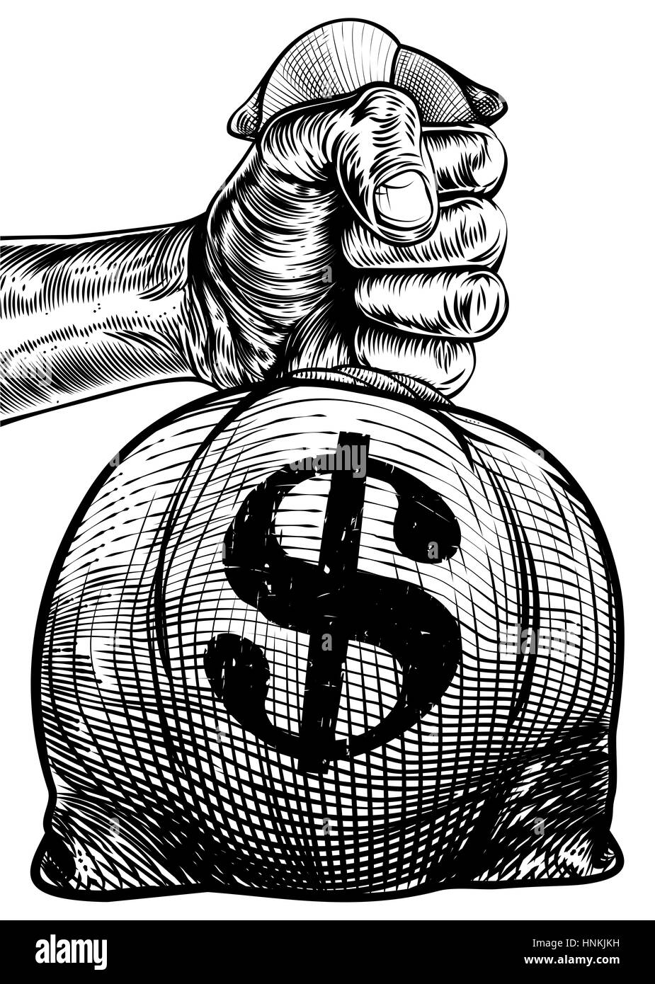 Hand hält einen Leinensack oder Geldsack in ein geätzt oder graviert Holz schneiden Vintage-retro-Stil mit einem Dollarzeichen Stockfoto