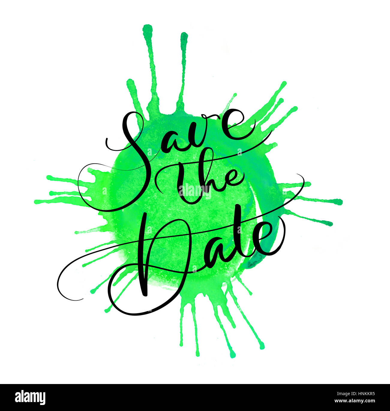 abstrakte Aquarell Hintergrund als Flecken auf weißem und Worte Save the Date. Kalligraphie-Schriftzug Stockfoto