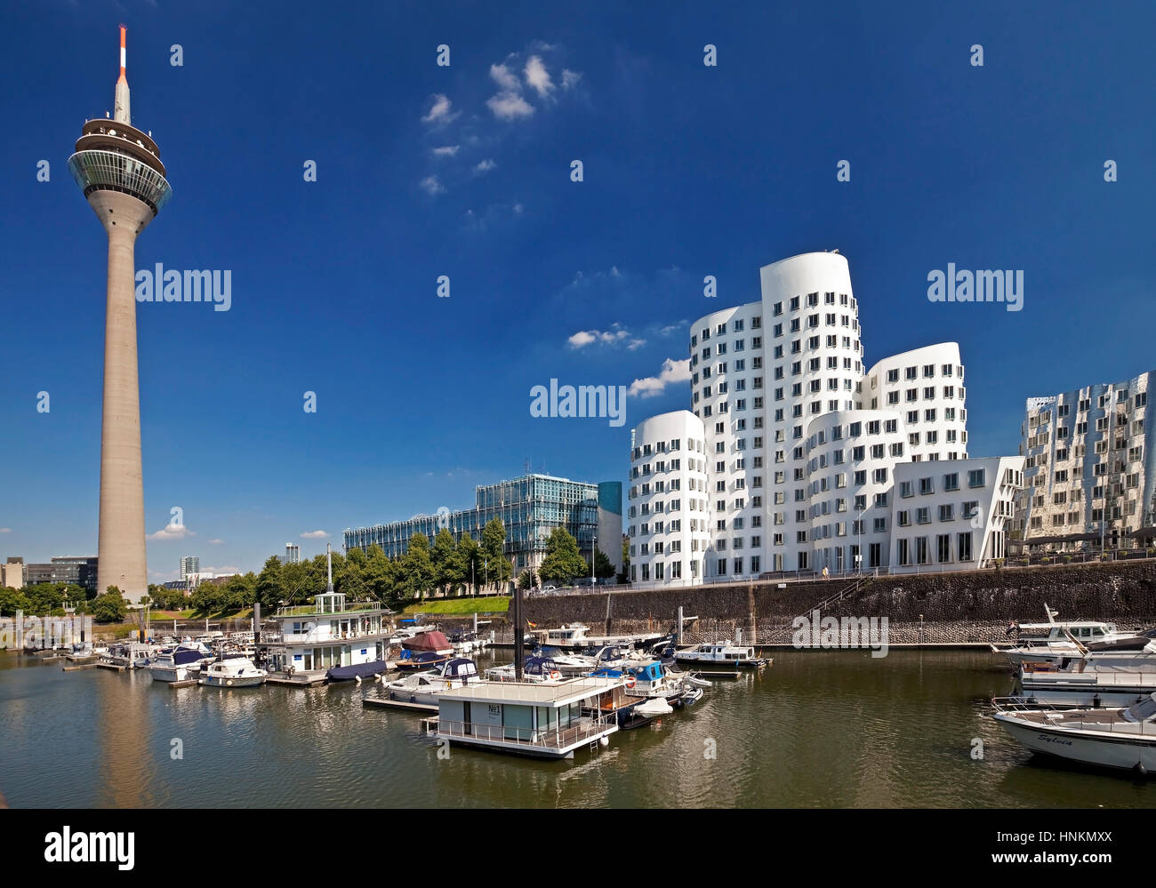 Marina mit Rheinturm und Gehry-Bauten, Düsseldorf, Nordrhein-Westfalen, Deutschland Stockfoto