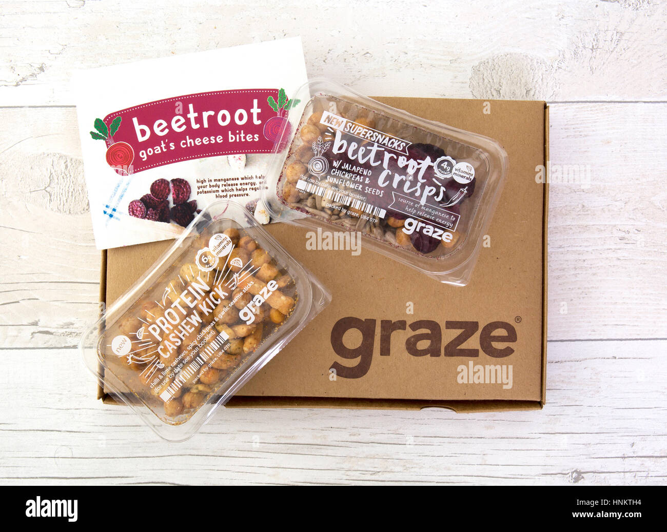 SWINDON, UK - 14. Februar 2017: Neue 2017 Snackspiration grasen Box, neu erfunden von graze.com, Naschen, gesunde Snacks, geliefert an Ihre Tür oder Arbeit Stockfoto