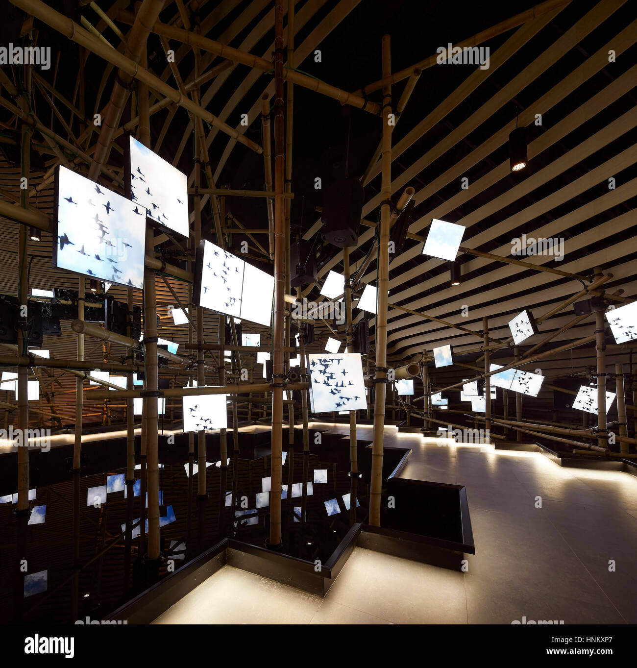 Ausstellungsfläche mit montierten Bildschirme. Expo Milano 2015, Vanke Pavillon, Mailand, Italien. Architekt: Libeskind, 2015. Stockfoto