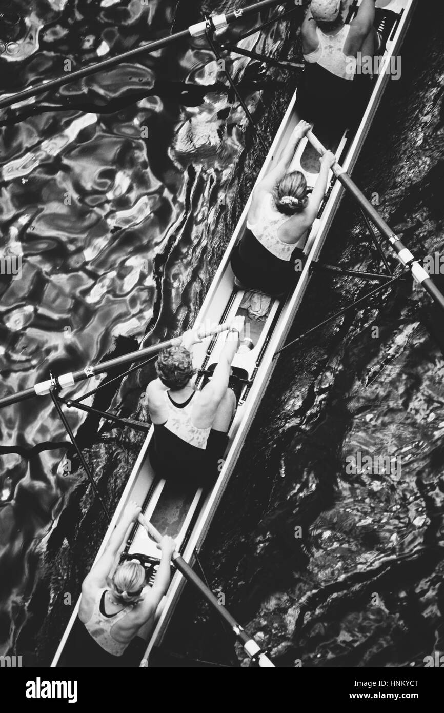 Draufsicht auf eine weibliche Rudern Crew in ihre Rennschale, Ruderboot. Stockfoto