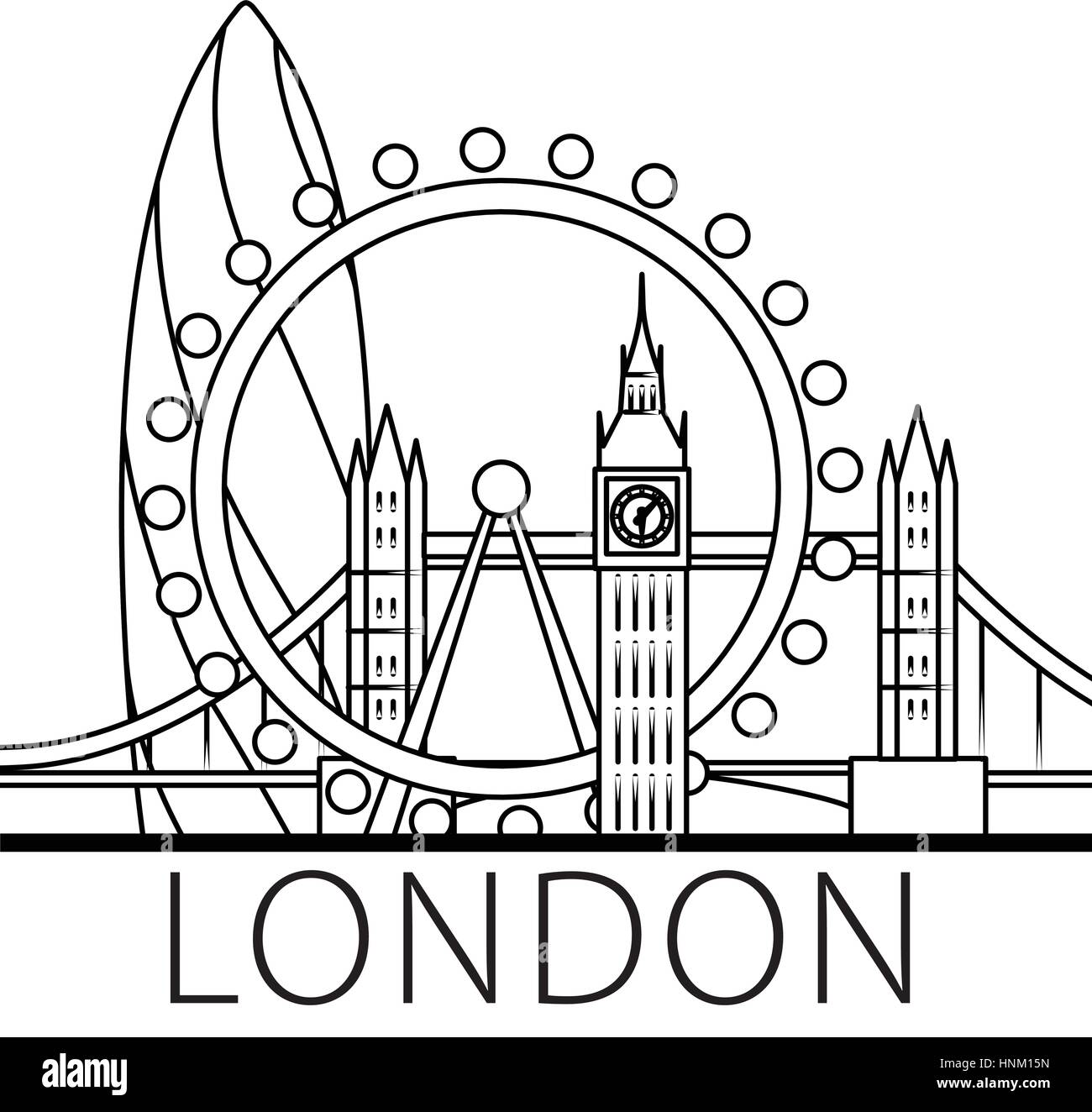 Skyline von London. Dünne Linie lineare Abbildung Stock Vektor