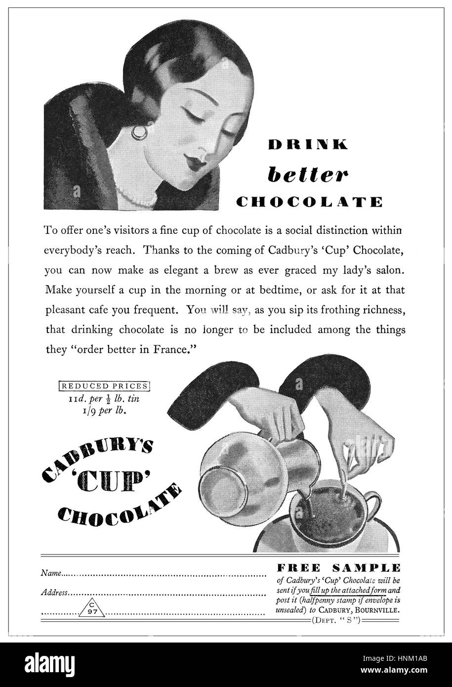 1930 britischer Werbung für Cadbury es "Tasse" Schokolade Stockfoto