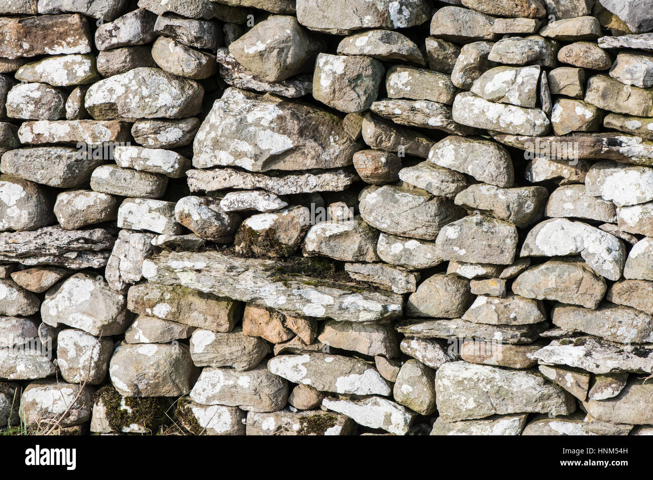 Kalkstein Trockenmauer, mit Steinen in einem zufälligen Muster, gesehen in Wensleydale, Teil des Yorkshire Dales National Park Stockfoto