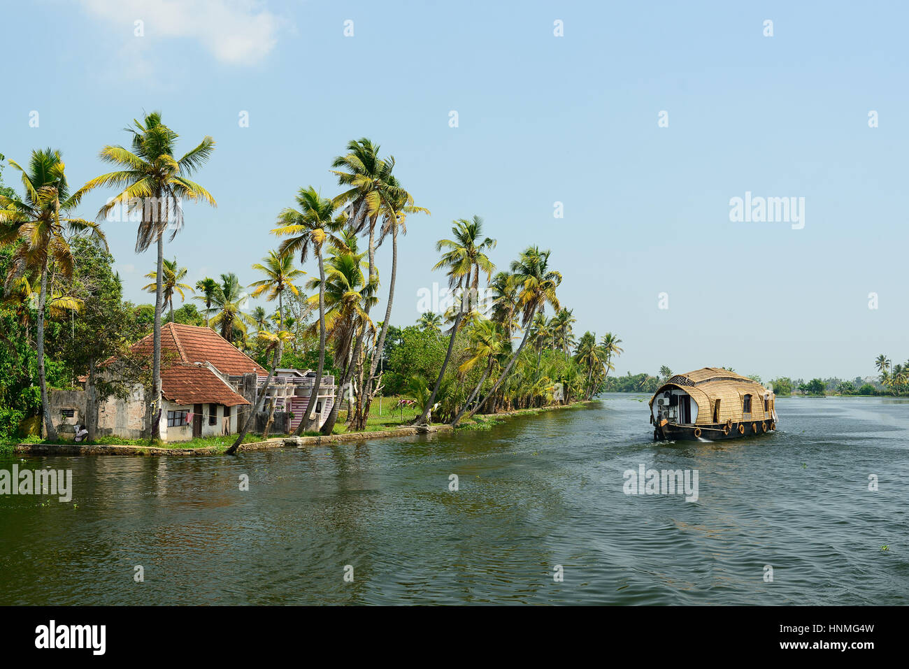 Indien, Coco Bäume Reflexion und beautifoull Haus Boot an Zurück Gewässer in Kerala Stockfoto