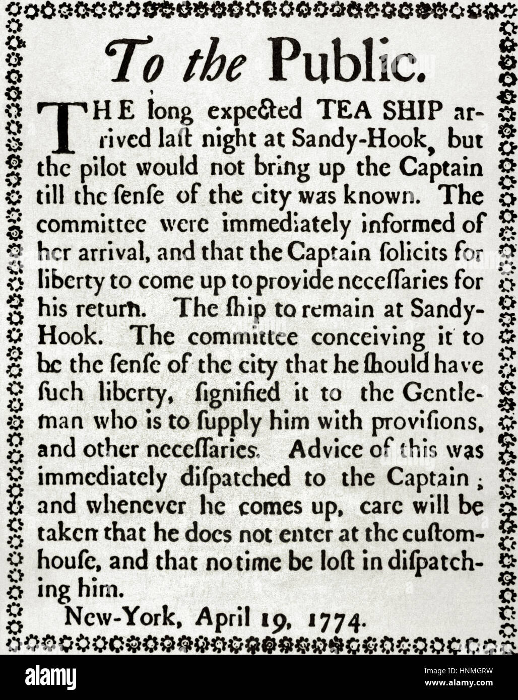 Geschichte der Vereinigten Staaten. New York-Tea-Party. Merkblatt über das Schiff, beladen mit englischem Tee neu zu boykottieren kam in Sandy Hook. New York, 19. April 1774. Stockfoto